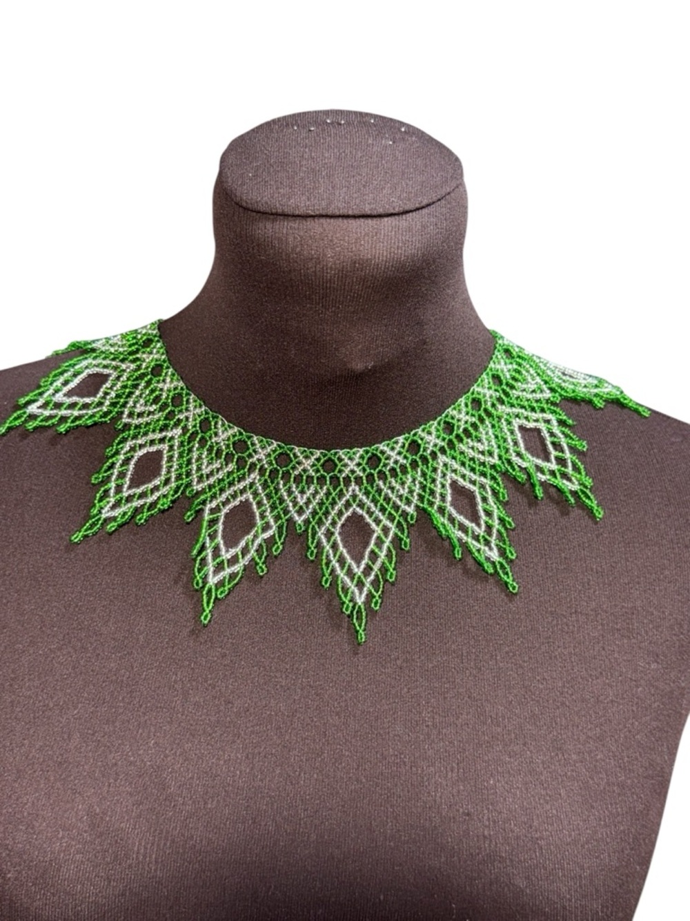 Handmade Edelweiss Beaded Women Choker Necklace Green White Boho Statement Party